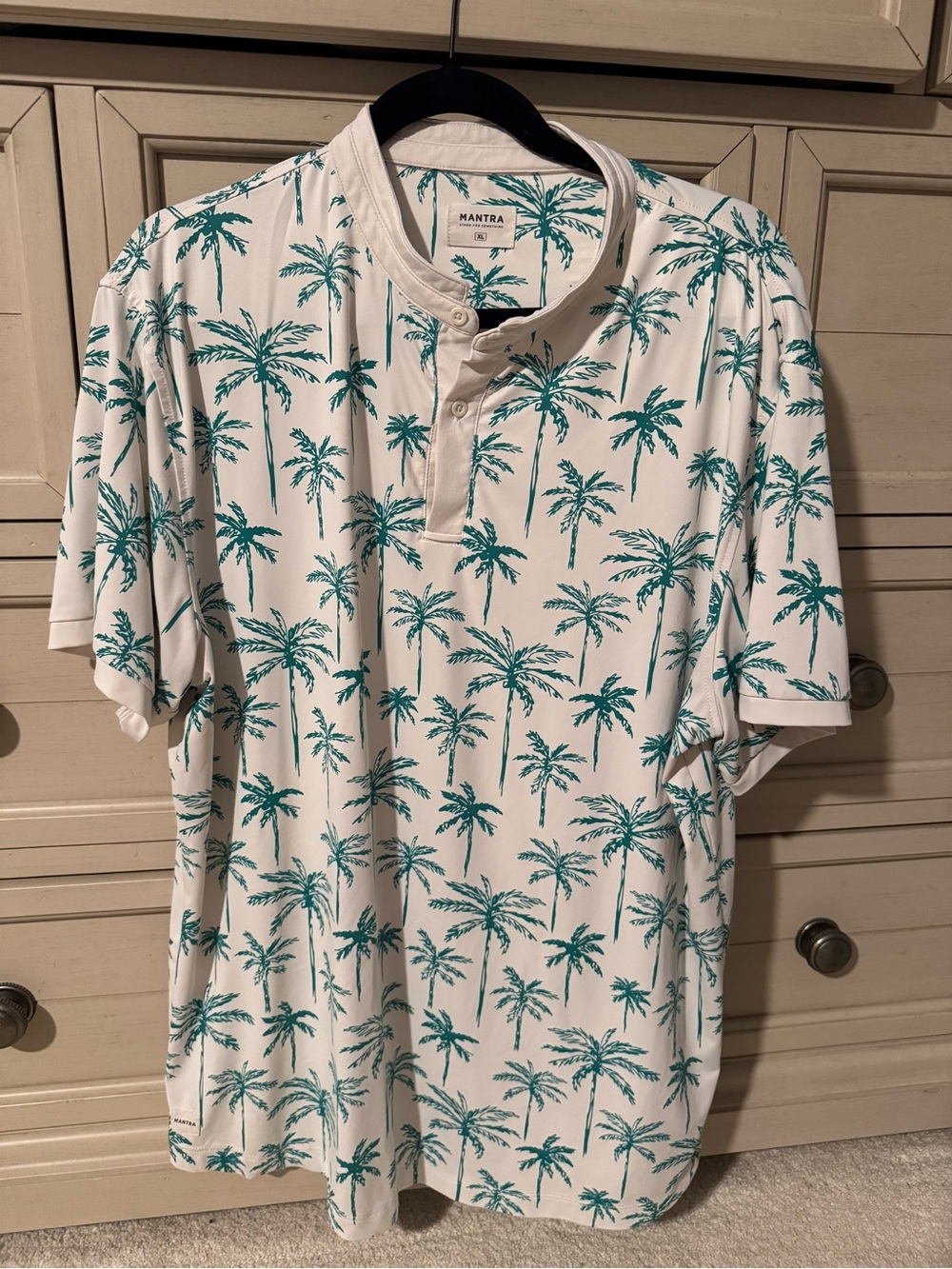 Mantra White Short-Sleeve Henley Polo with Teal Palm Print